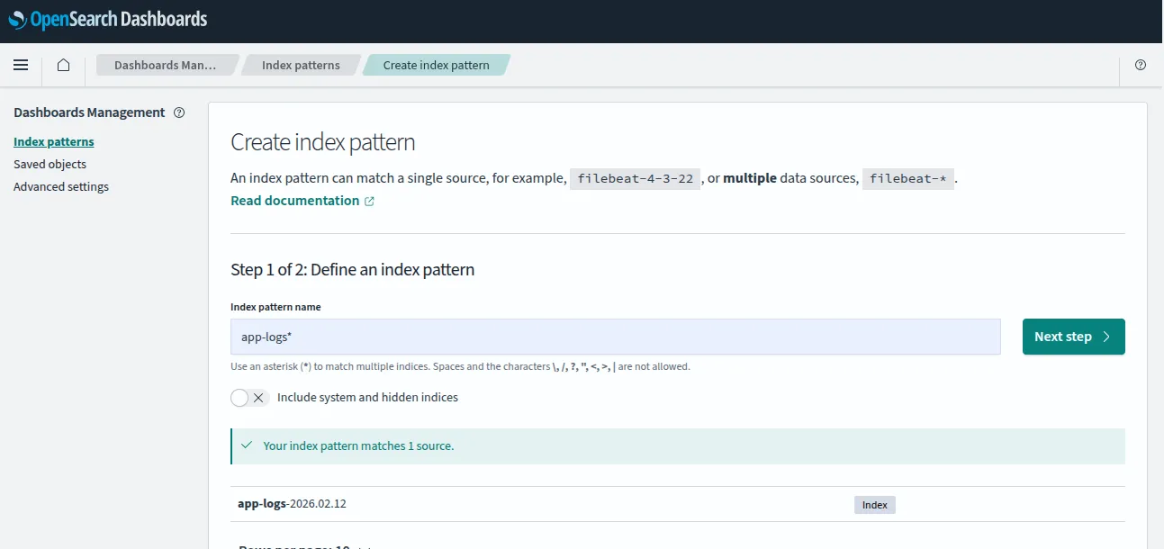 Step 1 of Index Pattern